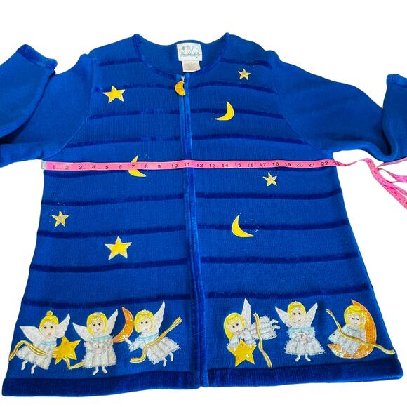 Quacker Factory Blue Chenille Yellow White Embroidered Angels Cardigan Plus 1X - Picture 9 of 10